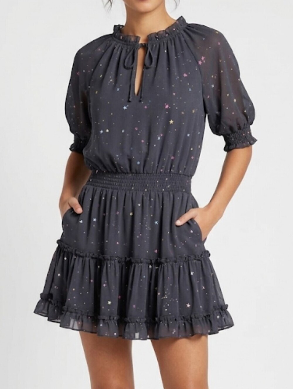 Buddy Love Ray Glitter Galaxy Print Elastic Waist Ruffle Tiered Mini Dress S